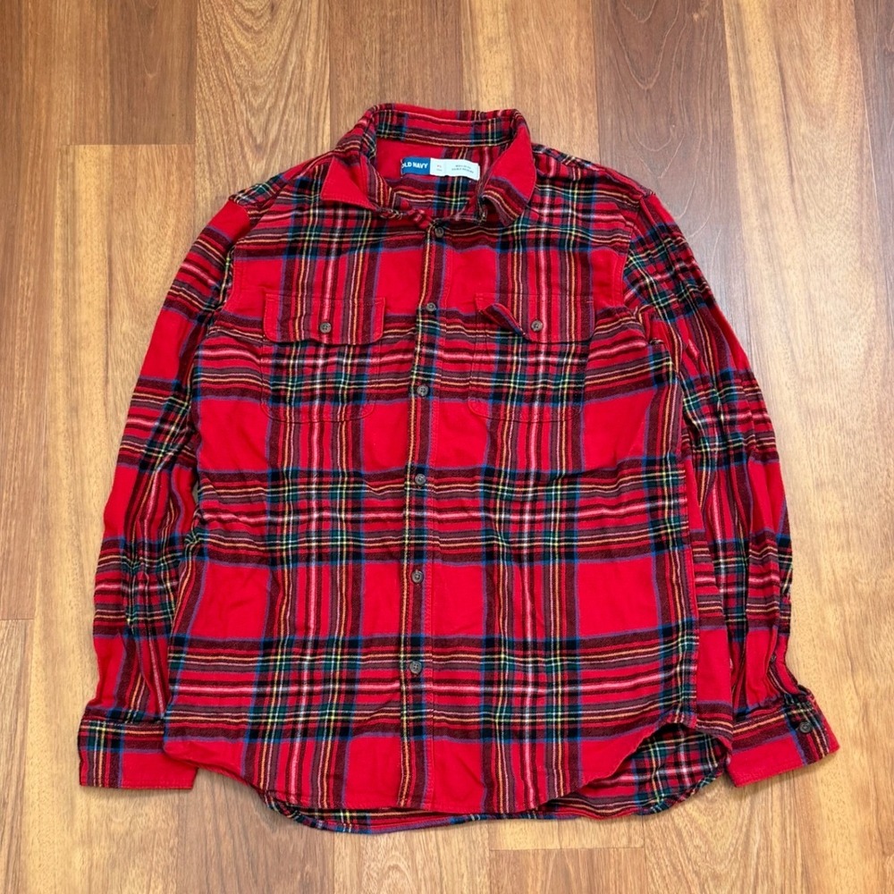 Old Navy Red Flannel Plaid Shirt Two Front Pockets Men's Size XL Tall